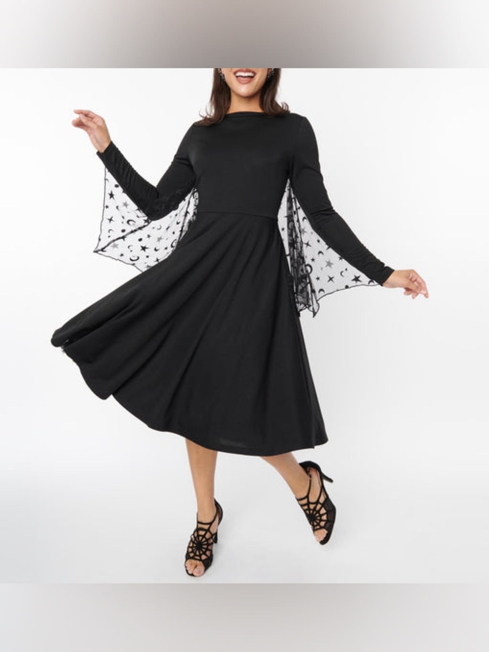 Unique Vintage Black Bat Wing Swing Dress - S